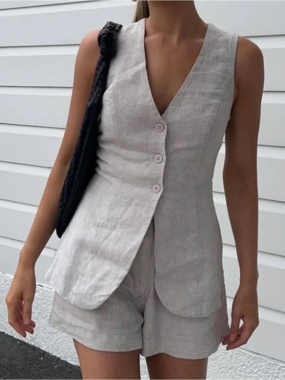 Commense Light Gray Button Front Vest & Shorts Set